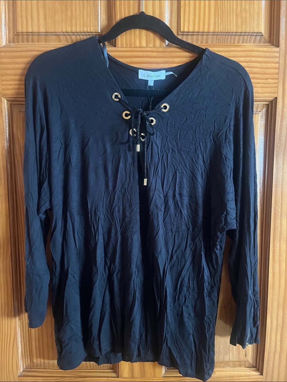 Calvin Klein Black Long Sleeve Lace-Up Top with Gold Eyelets
